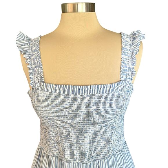 J Crew Blue White Stripe Smocked Tiered Midi Dress Size M Coastal Sundress Beach - Picture 4 of 10